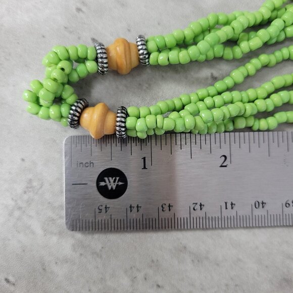 Green Multi Strand Beaded Necklace Layered Statement Wood Accent 16 Inch Jewelry - Picture 6 of 7